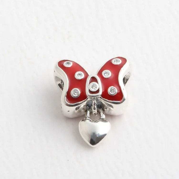 

925 Sterling Silver Bead Minnie Bow-knot Red Enamel Pendant Charm Fit Original Women Pandora Bracelet Bangle DIY Gift Jewelry