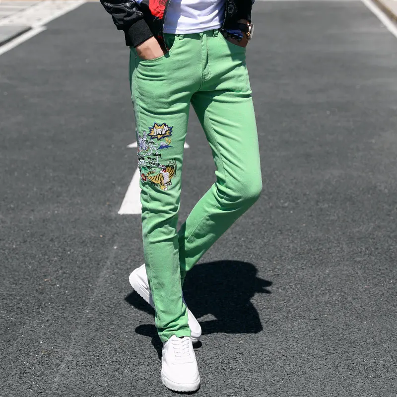 Fashion Streetwear Mens Jeans Slim Fit Elastic Punk Pants Hip Hop Jeans Embroidery Denim Trousers Men Pink Yellow Green Color