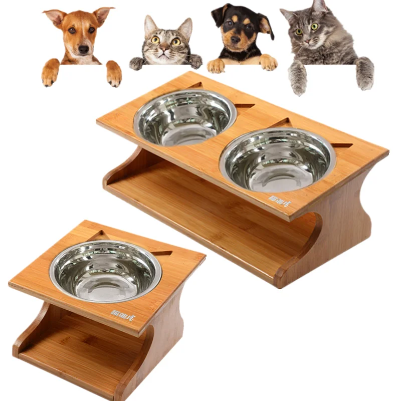 

Pet Wooden Tilted Feeders Pet Anti-slip Double Stainless Steel Bowl Cat Dish with Slope Base Lovely Pet Bowls with Bamboo Stand