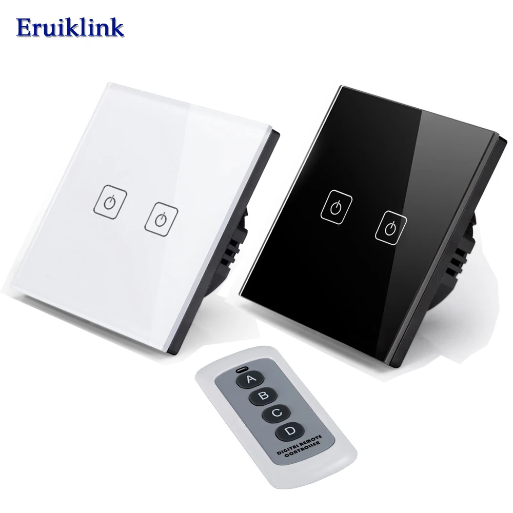 

EU/UK Standard Wall Switch,2 Gang 1 Way Light Wireless Remote Control Switch220V White Crystal Glass Switch Panel Markdown sale