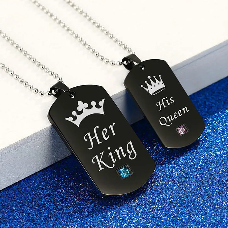 Her King His Queen Couple Necklace For Women Men Black Stainless Steel