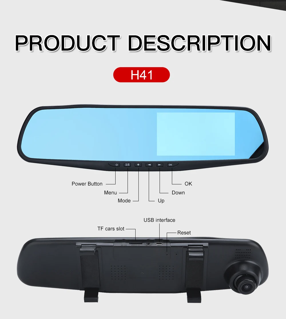 4.3 дюймов 1080x720P угол обзора 150° видеорегистратор для автомобиля с двумя камерами в виде зеркала заднего вида, двухкамерный видеорегистратор c IPS экраном ночное видение датчик удара паркинг монитор H41/H42