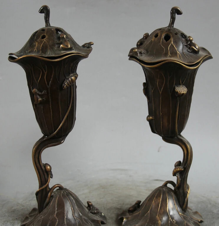 

S2006 14" Chinese Dynasty palace Bronze lotus flower leaf Incense Burner Censer Pair D0318