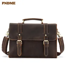 PNDME простой ретро из натуральной кожи деловой мужской портфель повседневная crazy horse воловья сумка-мессенджер высокое качество сумка для ноутбука