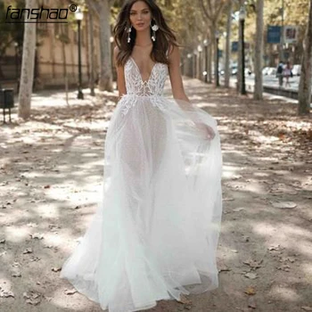 

Elegant Muslim Wedding Dresses Deep-V Spaghetti Straps Lace Illusion abito da sposa Dubai Arabic Wedding Gown Bridal Dress