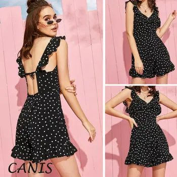 

Women's Mini Dot Print Belt Rompers Clubwear Holiday Summer Cute Backless Jumpsuit Playsuit Romper Beach Overalls Shorts