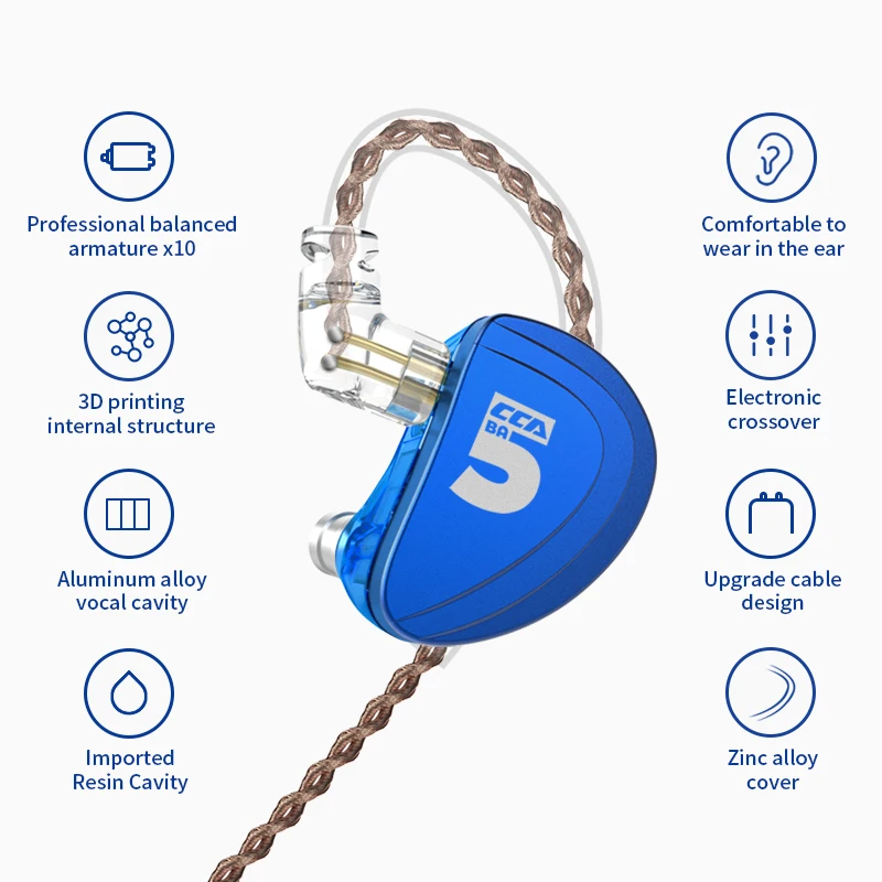  New CCA A10 Earphones 5BA Balanced Armature Drive Earphones In Ear Earbuds HIFI Bass Monitor For KB