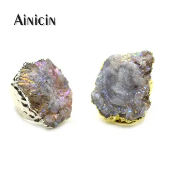 

Natural Druzy Crystal Mushroom Rainbow Plating Irregular Adjustable Ring For Women Jewelry 5pcs