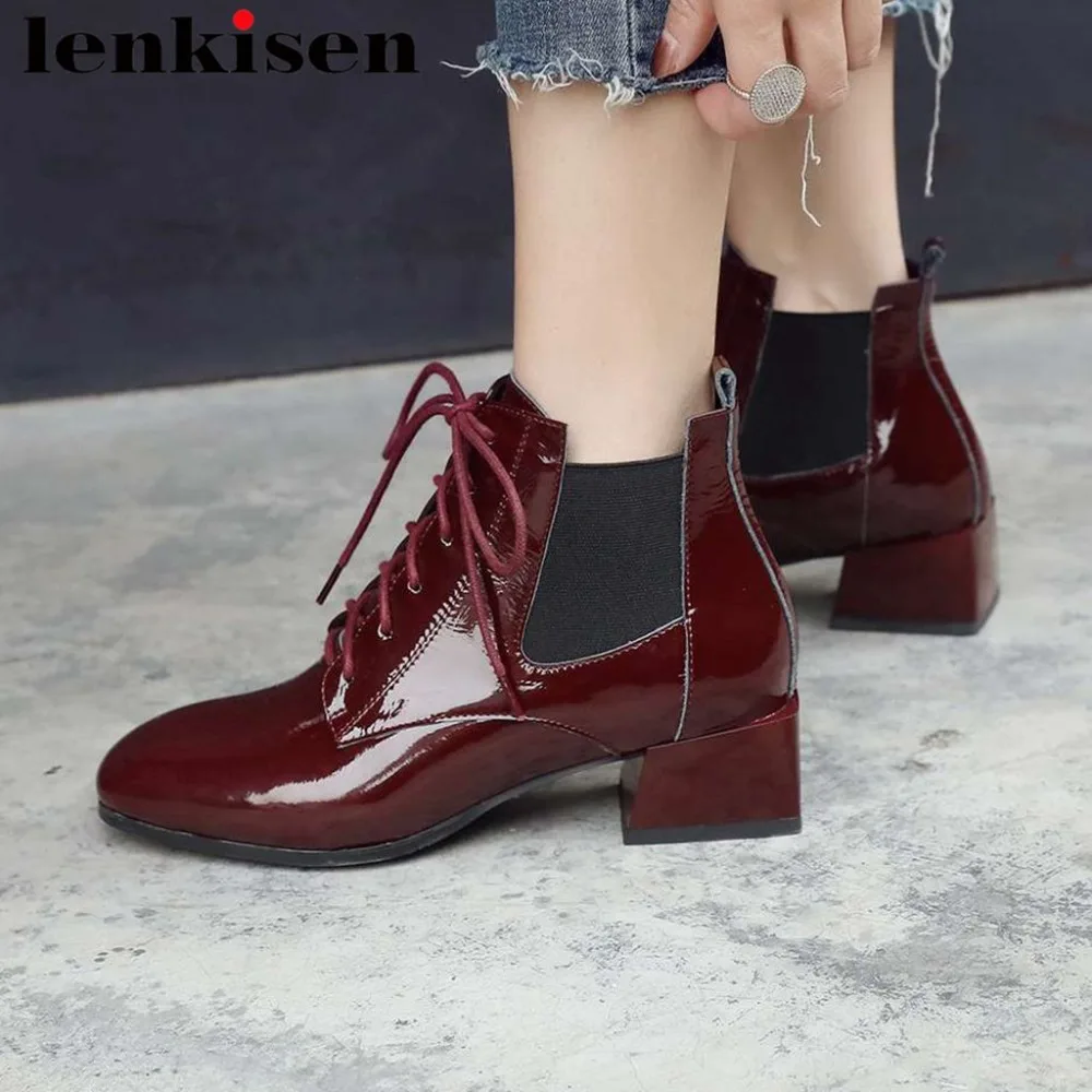 

Lenkisen 2019 newest retro vintage thick med heels slip on natural leather square toe preppy style classic chelsea boots L55