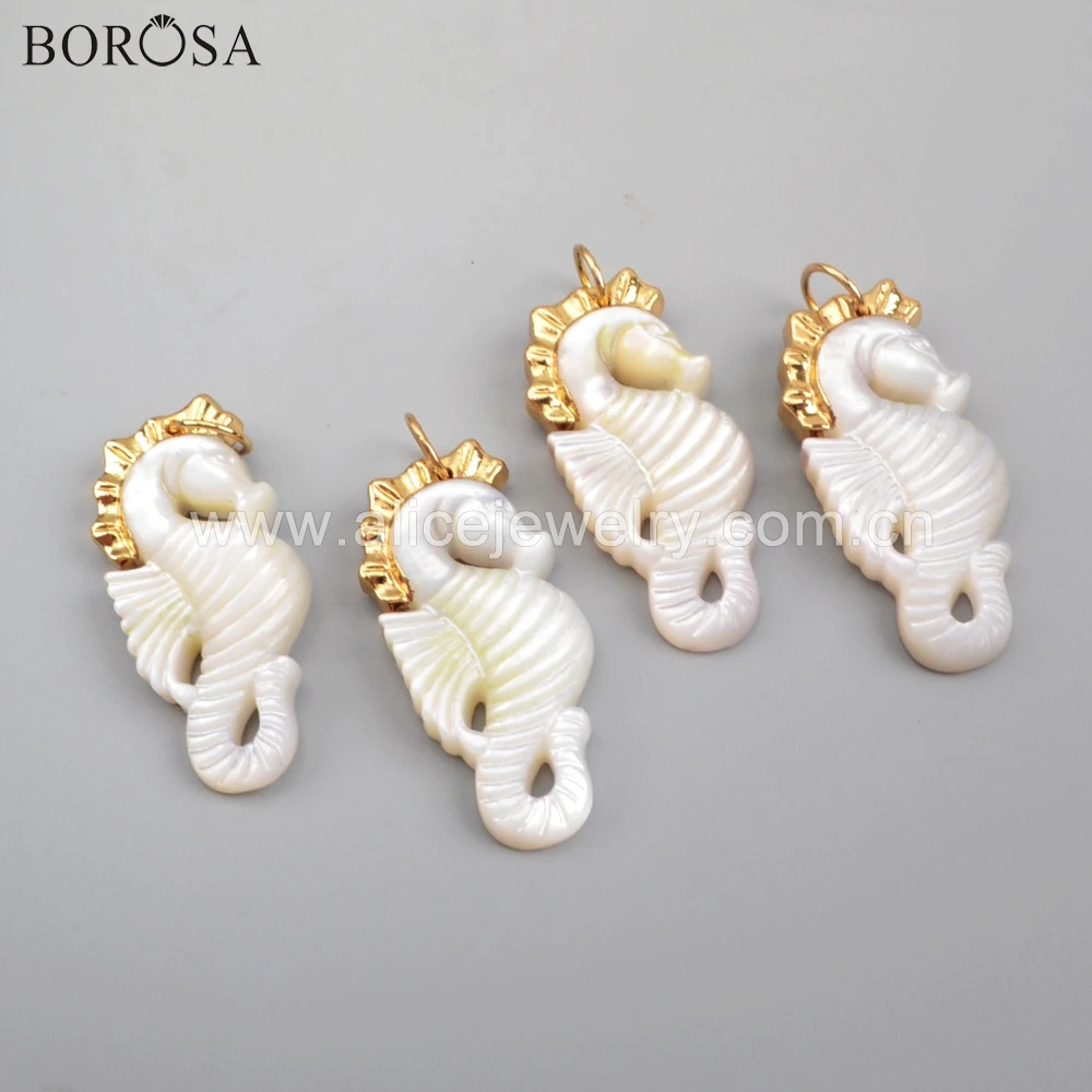 

BOROSA 4pcs Gold Color One Side Carved Hippocampus Natural White Shell Pendant Necklace Jewelry G1728-N