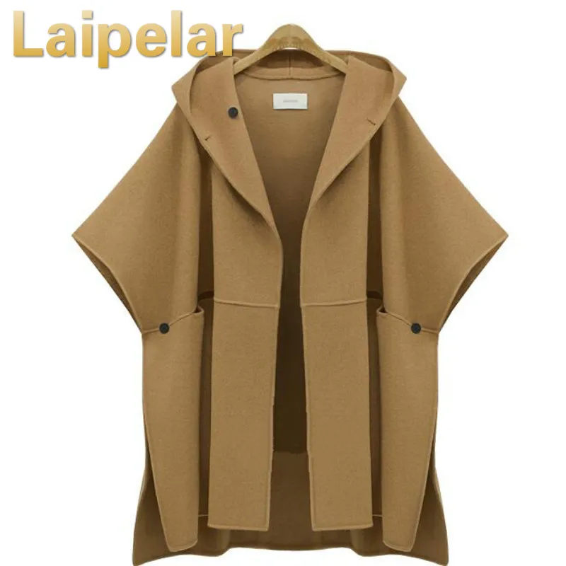 

2018 Elegant Winter woolen cape coat women's cloak camel wool jackets casual split streetwear hooded luxury cloak overcoat