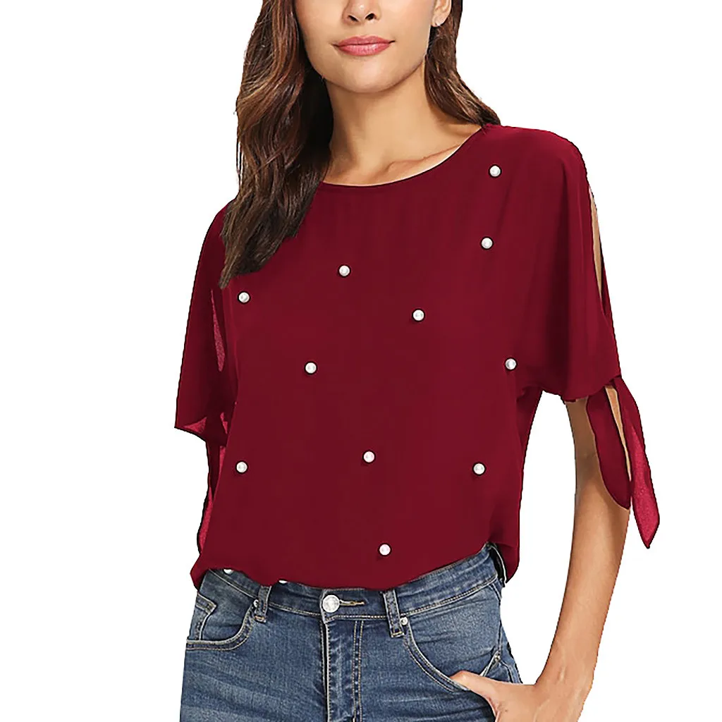 

JAYCOSIN shirt summer Fashion Women Casual Pearl Beaded Slit Knot Cuff Bandage O-Neck Tops blouses Chiffon Beading clothes 506