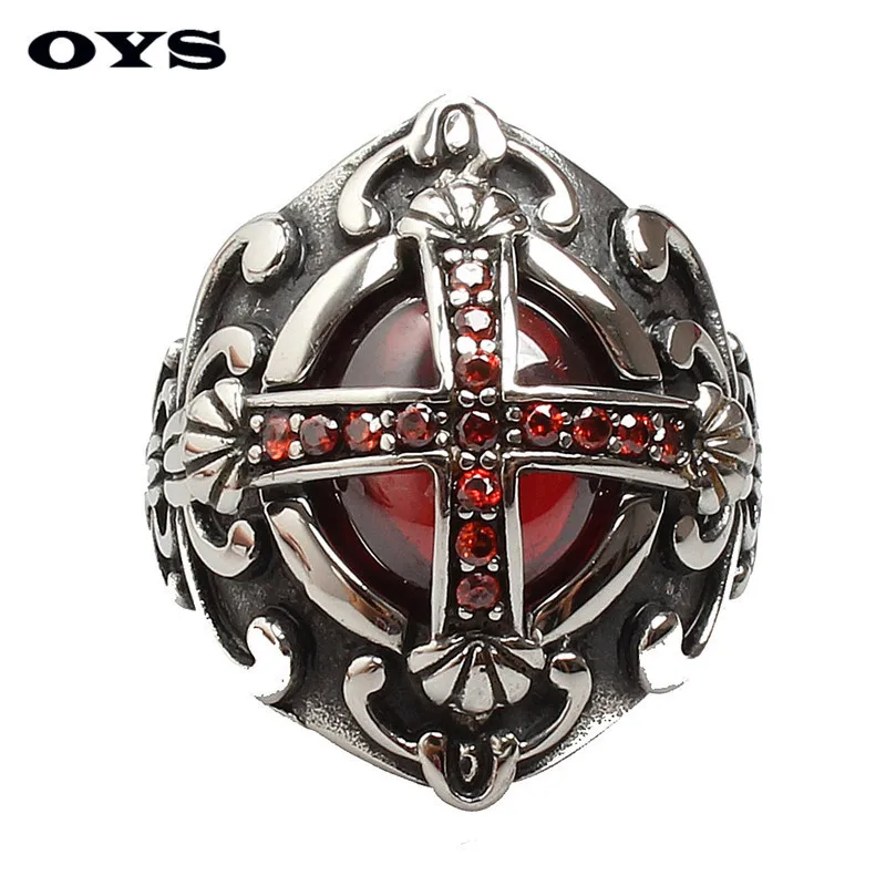 Men’s Classic Vintage Luxury Crusader Templar Cross Christian Christianity Ruby CZ Zircon Crystal 316L Stainless Steel Ring