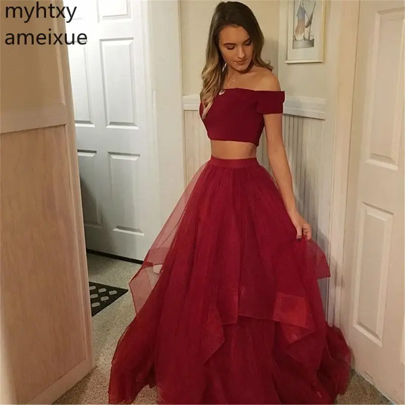

Two Piece Burgundy Plus Size Prom Dresses Boat Neck Short Sleeves A Line Long Formal Party Dresses Tiered Tulle Skirt 2021 New