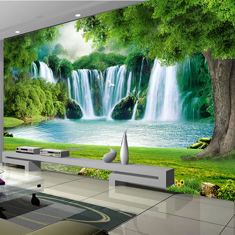 

Custom Arbitrary Size 3D Wallpaper Waterfall Meadow Green Landscape Mural Living Room Bdroom Backdrop Decoration Papel De Parede