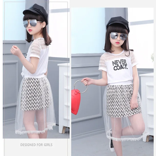 Toddler Girl Clothes Big Girls Clothing Set Summer Boutique Outfits Kid Children Never Coast T Shirt + Mesh Shirt 4 to 15 Years 4