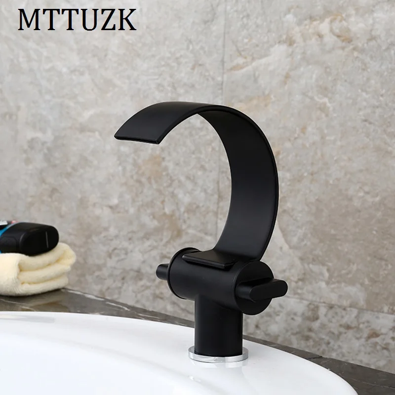 MTTUZK черный латунный кран для раковины двойной ручной водопада смеситель горячей