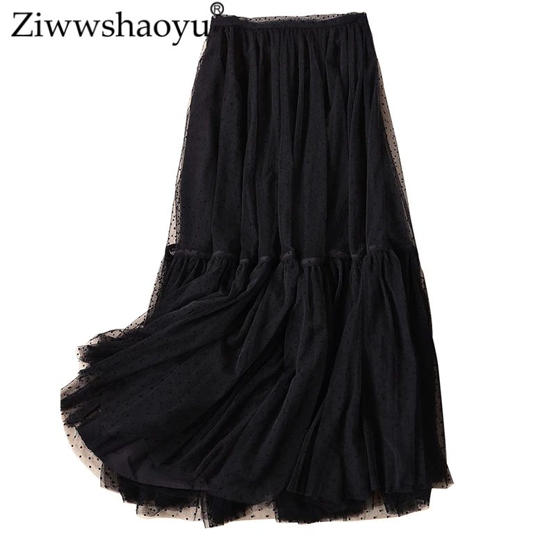 

Ziwwshaoyu Elegant Mesh Big pendulum skirts empire Dot Ruffles Vacation skirt Spring and summer new women's