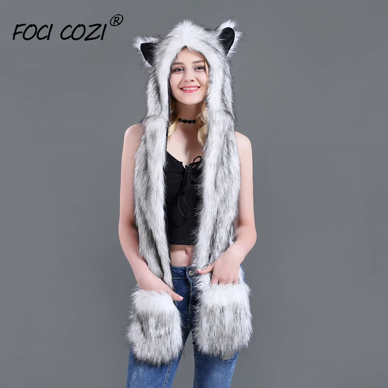 

2019 Trending Unisex Hat Scarf Gloves 3 In 1 Function Winter Hoodie Warmer Cap White Fox Faux Fur Animal Hoods Paws Ears Mittens
