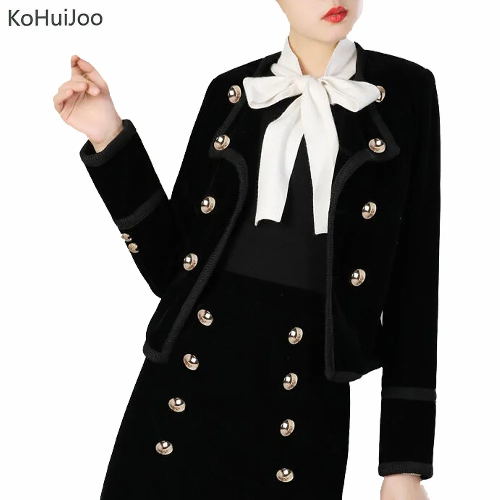 

KoHuiJoo Spring Autumn Velvet Blazer Women silm Double Breasted Button Short Blazer Jackets and Coats Black Elegant Coats