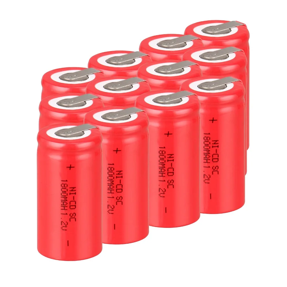 12 шт. Sub C SC аккумуляторной батареи 1.2 В 1800 мАч перезаряжаемый аккумулятор Ni-Cd аккумулятор с вкладки 4.25*2.2 см-красный цвет