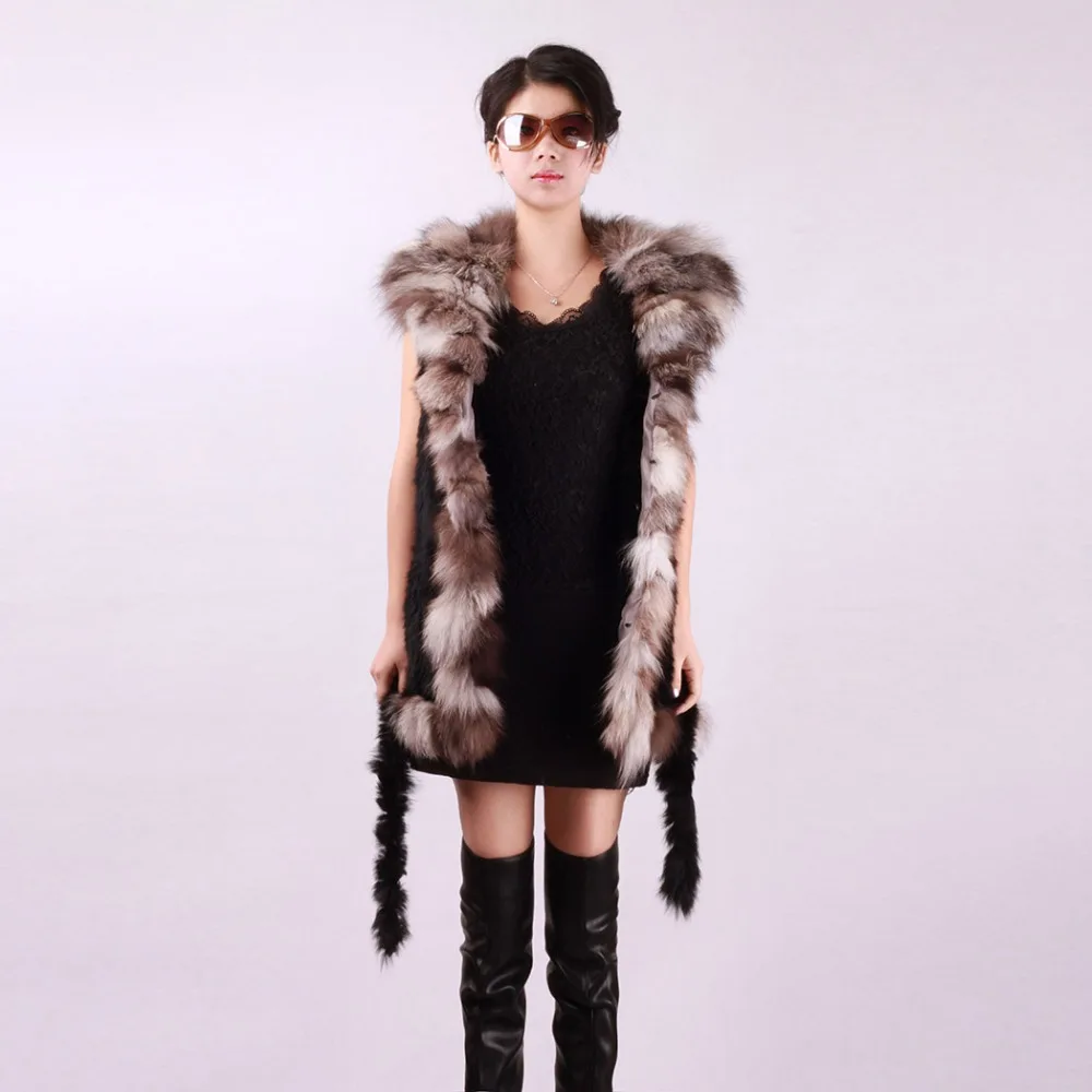 

Fur Story 152112 New Style Women's Nature Rabbit Fur Vest with Natural Fox Fur Collar Winter Warm Jacket Outwear Waistcoat