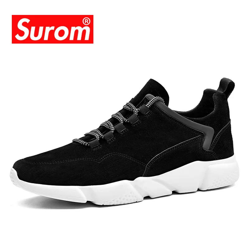 

SUROM Men's Casual Shoes Lightweight Lace up Krasovki Artificial Leather Black Color White Sole Sneakers For Men