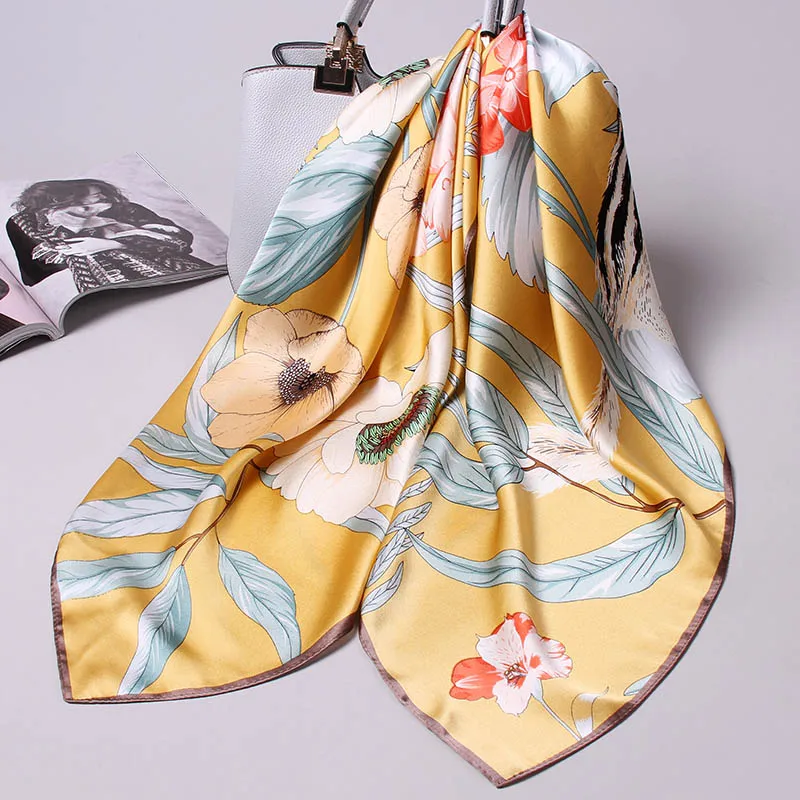 Натуральный шелковый квадратный шарф для женщин с цветочным принтом Шелковые Шали Обертывания большой натуральный шелковый платок для женщин 88X88 см - Цвет: Color 3