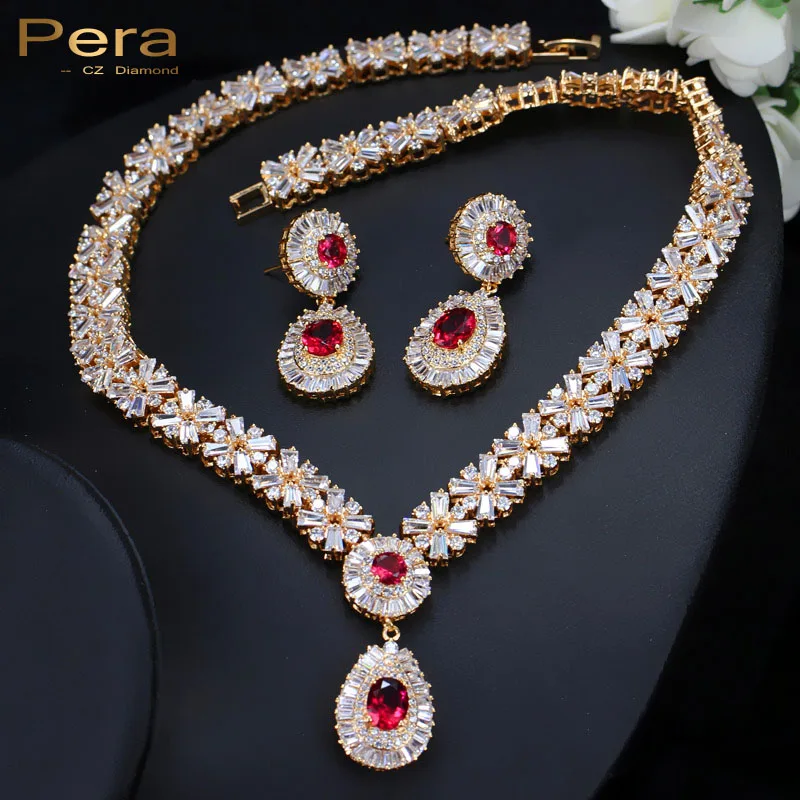 Pera CZ Classic Cubic Zirconia Gold Color Nigerian Wedding African Costume Big Statement Jewelry Set With Red Crystal Stone J060
