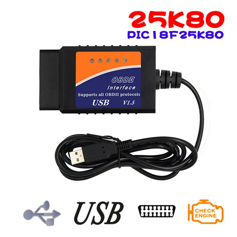 Мини OBDII USB сканер для мульти-брендов CAN-BUS ELM327 USB V1.5 OBD II диагностический кабель с 25K80 чип OBD2 сканер