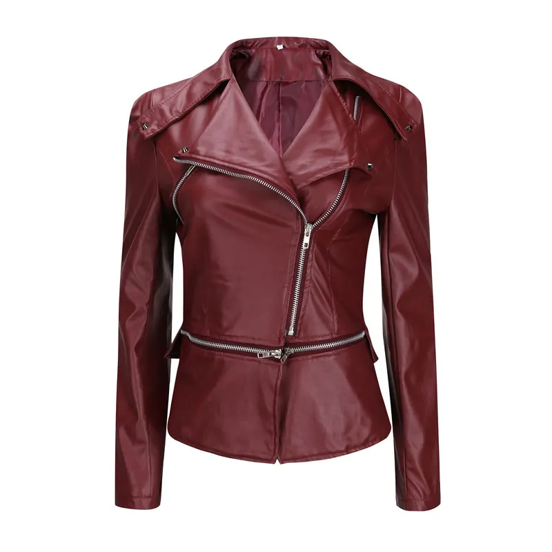 Bella philosophy, куртка для мотоцикла, осенняя, тонкая, искусственная кожа, пальто для женщин, плюс размер, повседневная, однотонная, верхняя одежда на молнии - Цвет: WINE RED