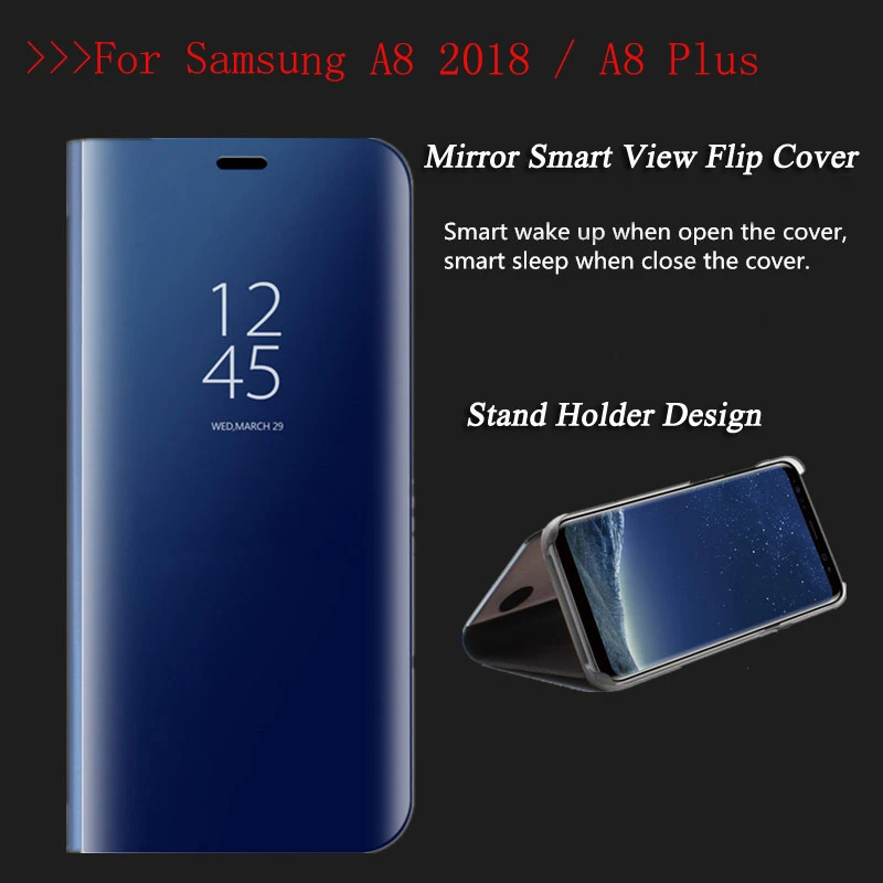 

Luxury Flip Cover Leather Smart Chip Case For Samsung Galaxy A8 Plus A8+ Clear View Standing Mirror Case for Samsung A8 2018