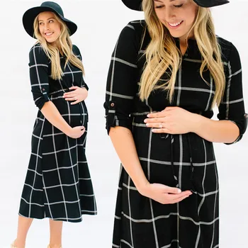 

Women Pregnant Sexy Photography Props Casual Nursing Boho Chic Tie Dress Plaid