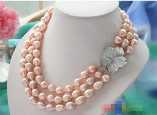 

Free shipping hot sale Women Bridal Wedding Jewelry >>3row 15mm pink drip freshwater cultured pearl necklace