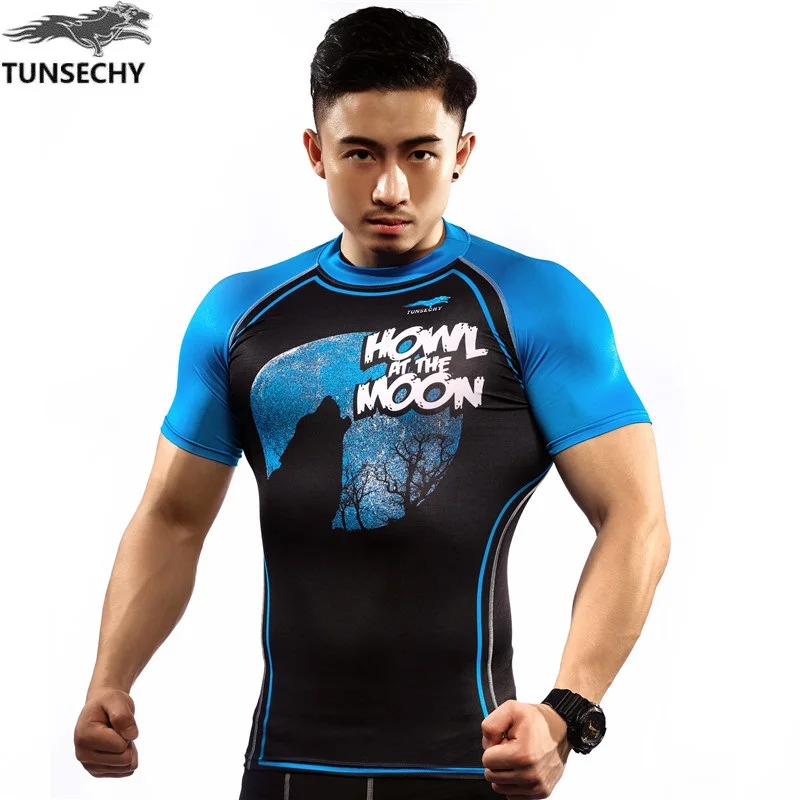 

2017 TUNSECHY Brand men's short sleeve compressed T-shirt digital printing fashion tight t-shirts wholesale and retail XS - 4XL