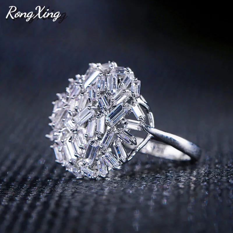 RongXing Luxury Full Zircon Big Round Rings For Women 925 Silver Filled