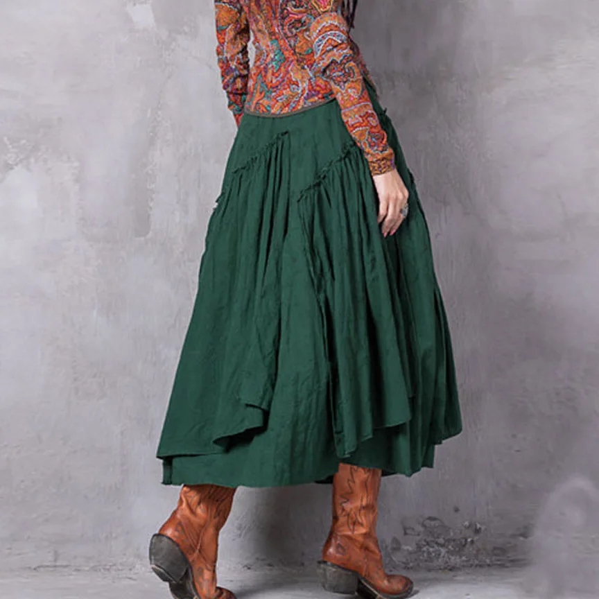 Весна осень хлопок лен повседневные винтажные Ретро плиссированные женские длинные юбки женские/Асимметричные плиссе макси юбки для женщин
