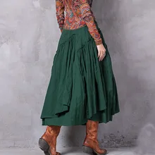 Весна осень хлопок лен повседневные винтажные Ретро плиссированные женские длинные юбки женские/Асимметричные плиссе макси юбки для женщин