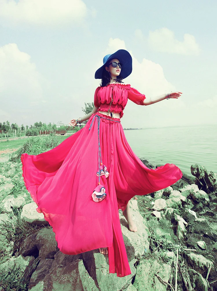 Soie Skirt Haute D'été Fée Jupe Taille Maxi De Mousseline Longues Red Swing Voyage 2018 Rouge Grand Femmes Couleur Unie Jupes CqqnRwOHx