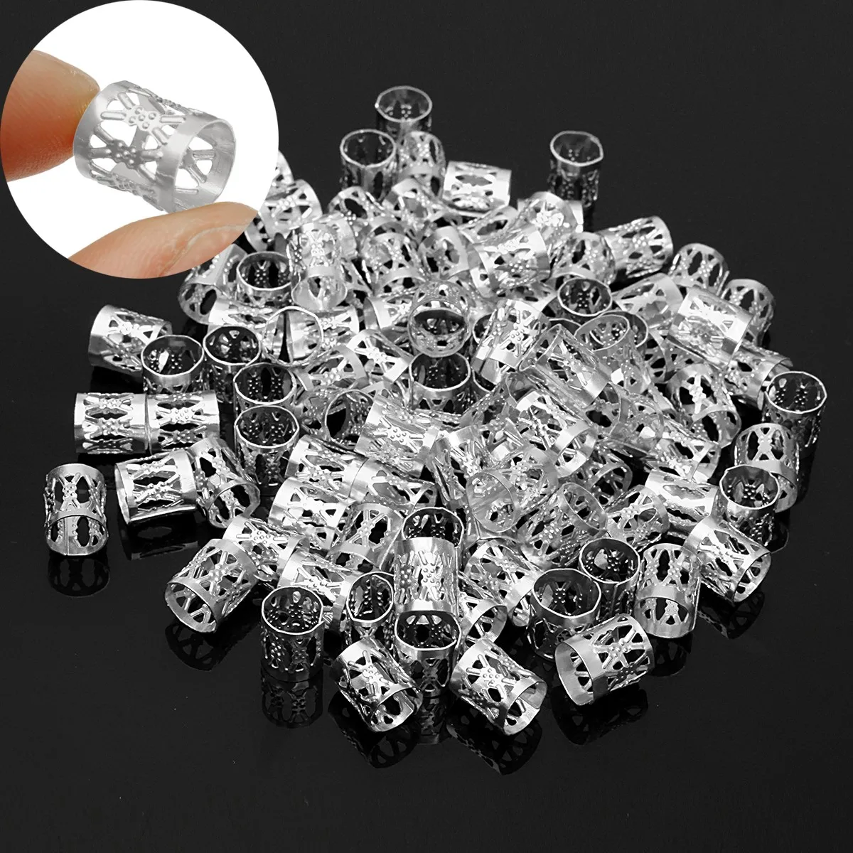 

100PCS 8mm Sliver Dreadlock Beads Metal Hair Rings Link Tube Adjustable Braid Cuffs Clip Crochet Braiding Hair Extension Tool