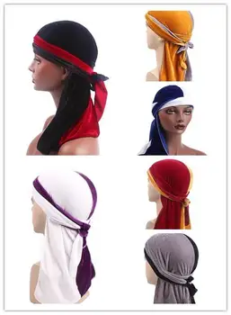 

6pcs Muslim Women Velvet Two-tone Cap Pirate Hat Long Tail Islamic Arab Turban Sport Head Wrap Hair Loss Hat New Random Color