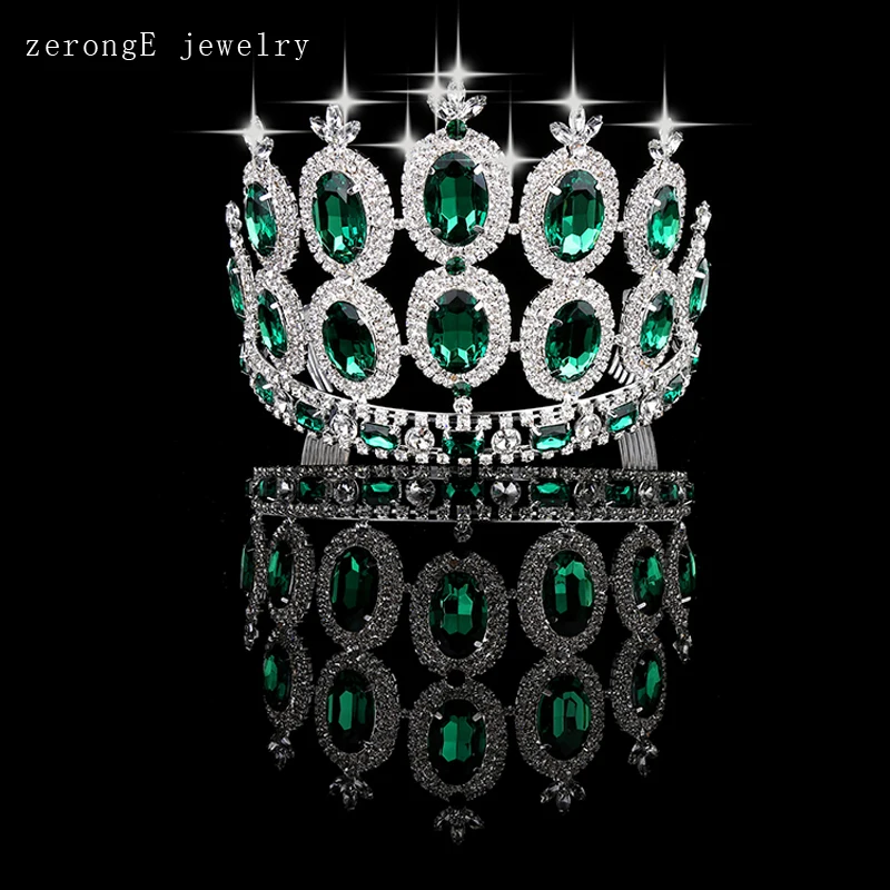 

zerongE jewelry Green silver Royal Regal Sparkly Rhinestones Tiaras And Crowns Bridal Quinceanera Pageant Tiaras