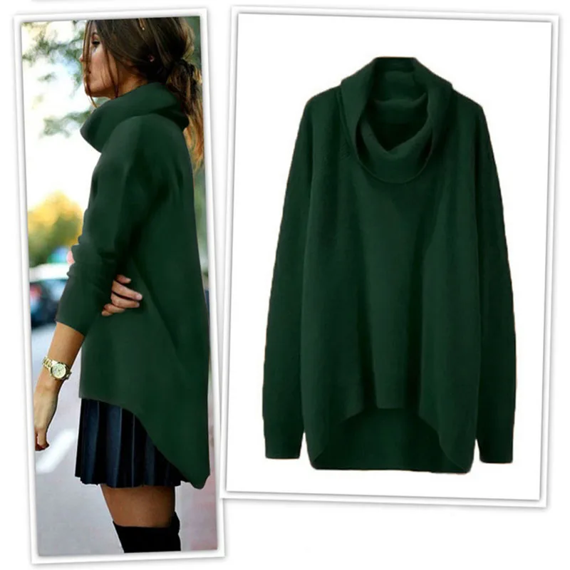 

Autumn Winter Ladies Fashion Casual Knitted Women Warm Long Sleeves sweaters Solid color irregular turtleneck pullover Wild