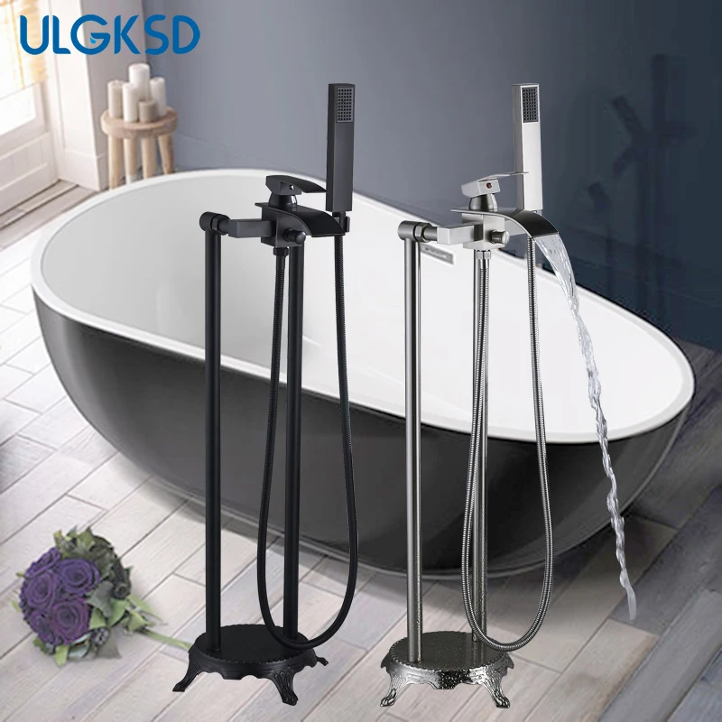 ULGKSD Bathroom Faucet Black/ Nickle Brass Floor Mount Bathtub Faucets Hot Cold Water Mixer Tap