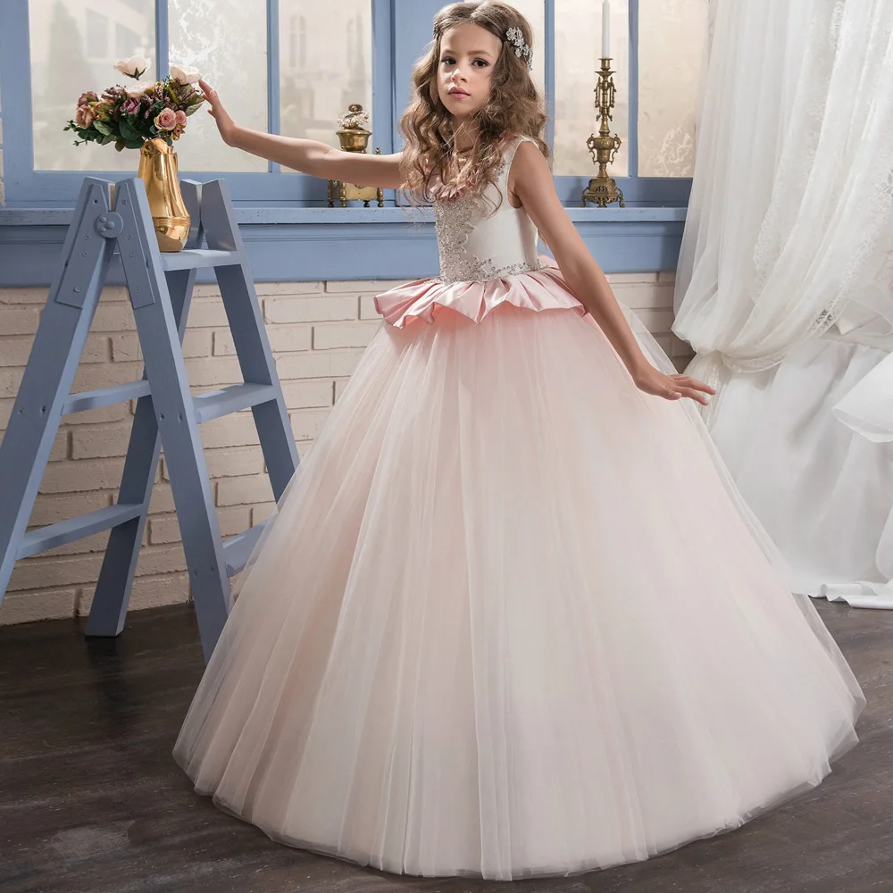 

Pink Princess Flower Girl Dresses Ball Gown With Beads Beauty Little Girls High Quality Wedding Party Dress First Communion Gown
