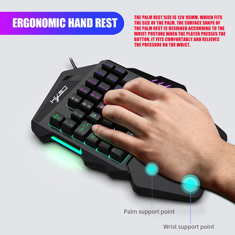 HXSJ 1.6m 35Keys One-Handed Keyboard Gaming Wired Keyboard and Keypad with LED Backlight Game LOL/D