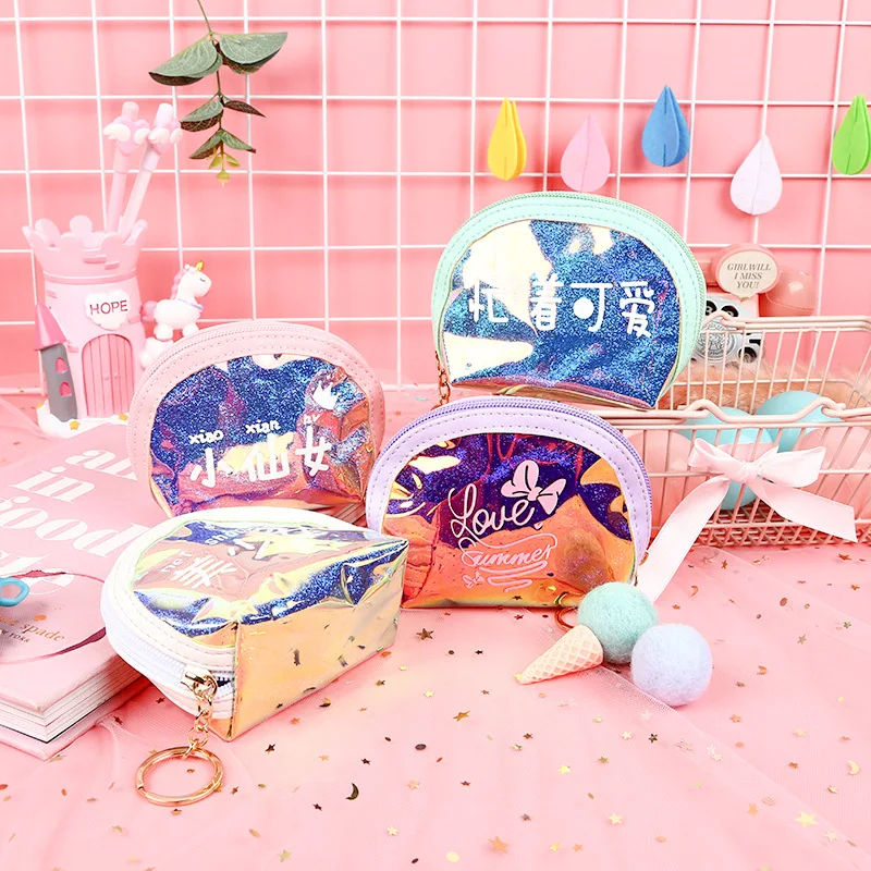 

Hologram Laser Coin Purse Women Short Wallet Cute Mini Clutch Shiny Shell Shape Zipper Wallet Key Chain Headphone Coin Pouch Bag