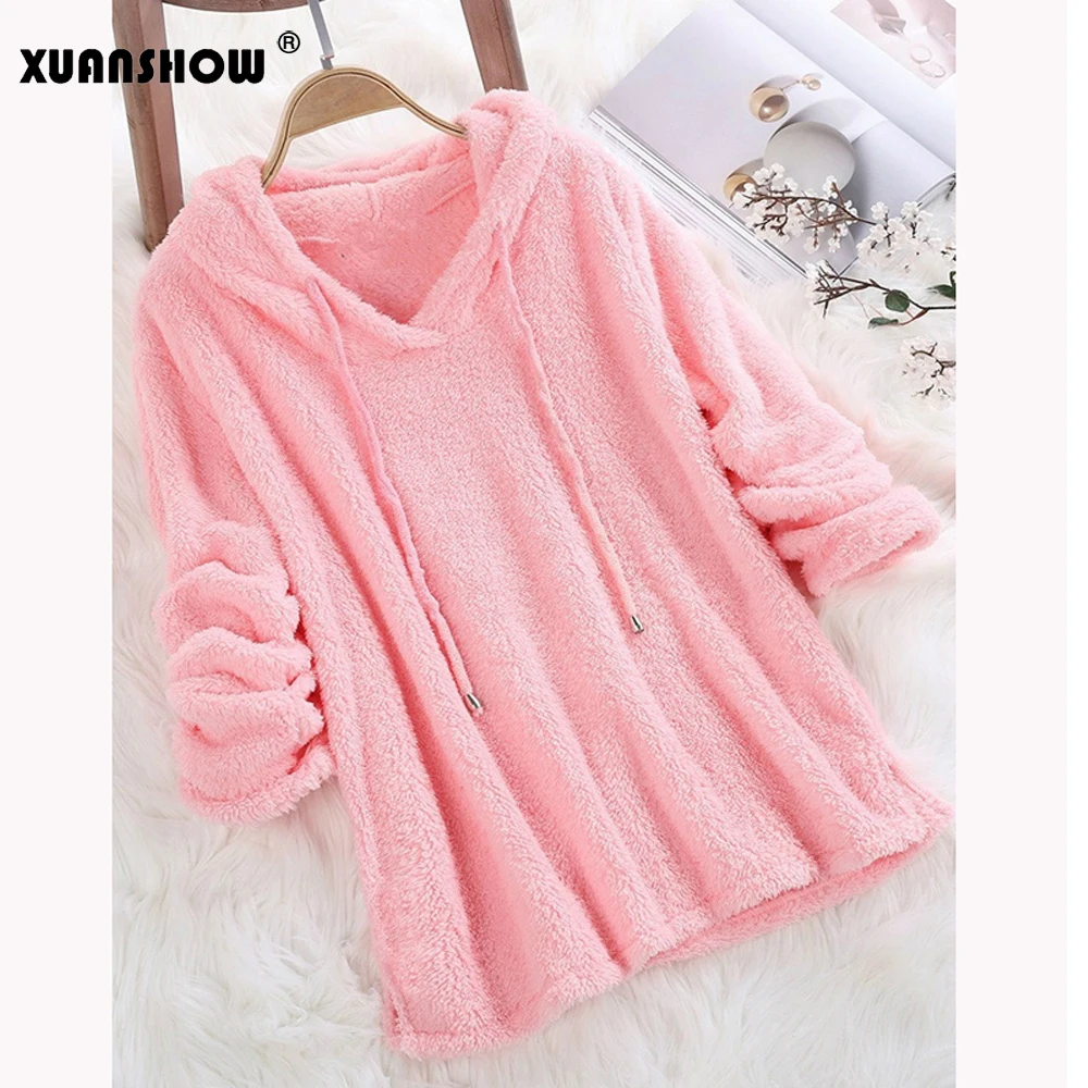 XUANSHOW женская зимняя одежда Новая модная однотонная плюшевая флисовая толстовка с капюшоном и длинным рукавом Женская толстовка размера плюс 5XL - Цвет: Pink