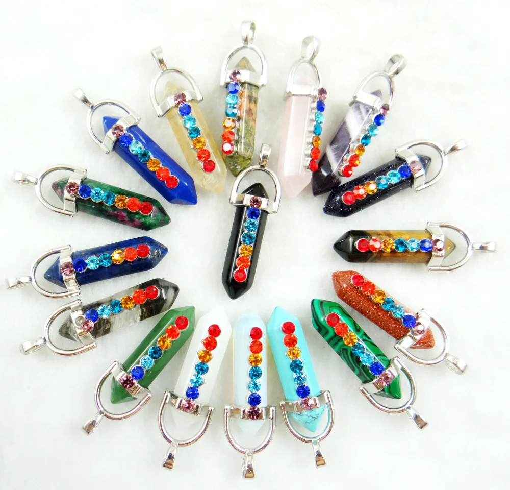 

High quality assorted natural stone lapis Pink crystal Opal tiger eye mixed pillar charms chakra Pendants making necklace 12PC