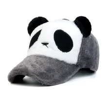 Осенняя и зимняя пушистая бейсболка с ушками мультяшная панда вышивка предварительно изогнутые поля Регулируемая Милая шапка плюшевая красная розовая забавная